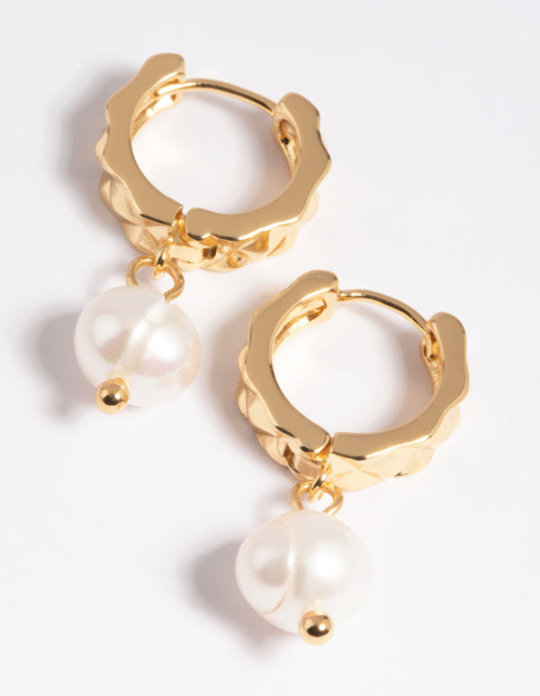 Gold Plated Freshwater Pearl Diamond Huggie Earrings