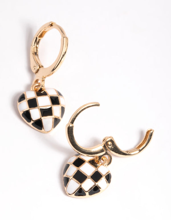 Gold Black & White Checkered Heart Huggie Earrings