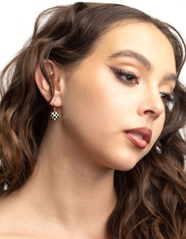 Gold Black & White Checkered Heart Huggie Earrings