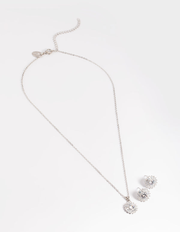 Rhodium Diamond Simulant Halo Studs & Necklace