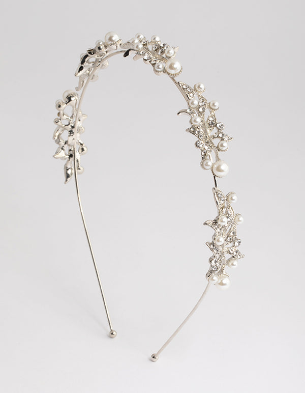 Silver Diamante Leaf & Pearl Headband