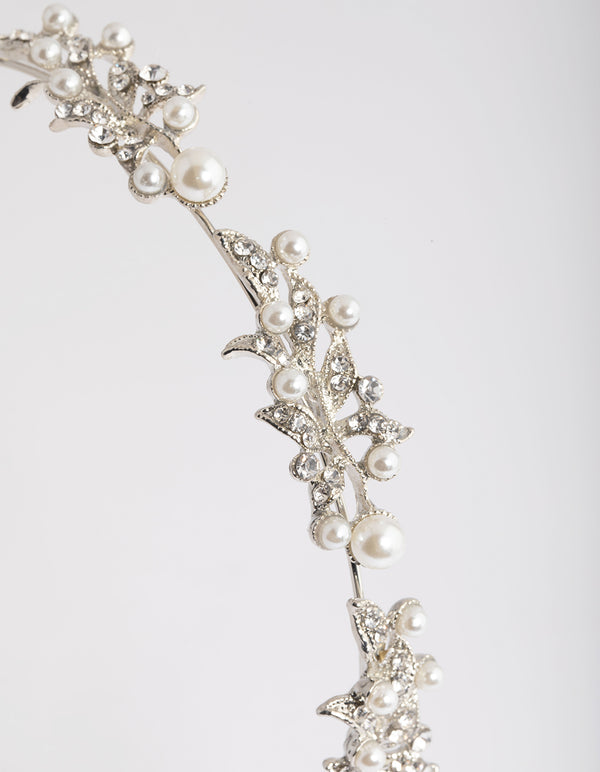 Silver Diamante Leaf & Pearl Headband