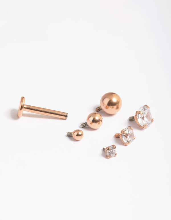 Rose Gold Plated Surgical Steel Polished & Cubic Zirconia 6-Pack Flat Back