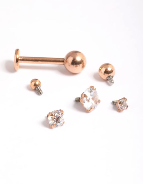 Rose Gold Plated Surgical Steel Polished & Cubic Zirconia 6-Pack Flat Back