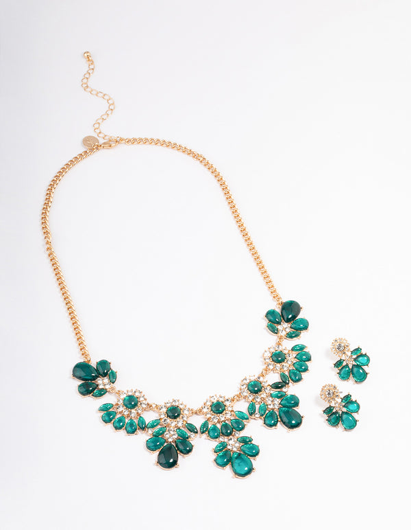 Gold Mixed Stone Detailed Necklace & Earrings