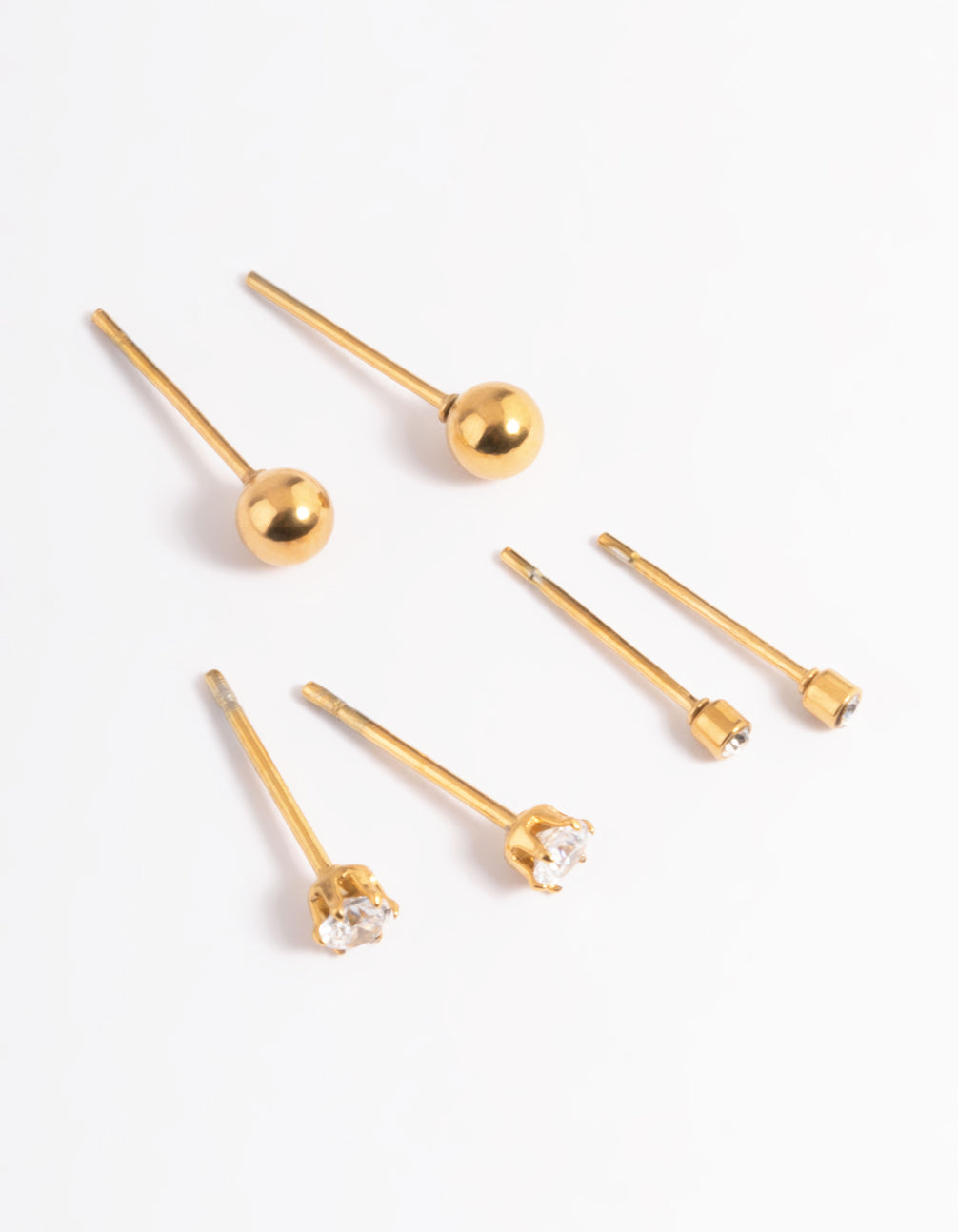 Waterproof Gold Plated Stainless Steel Cubic Zirconia Plain Stud Earrings Pack