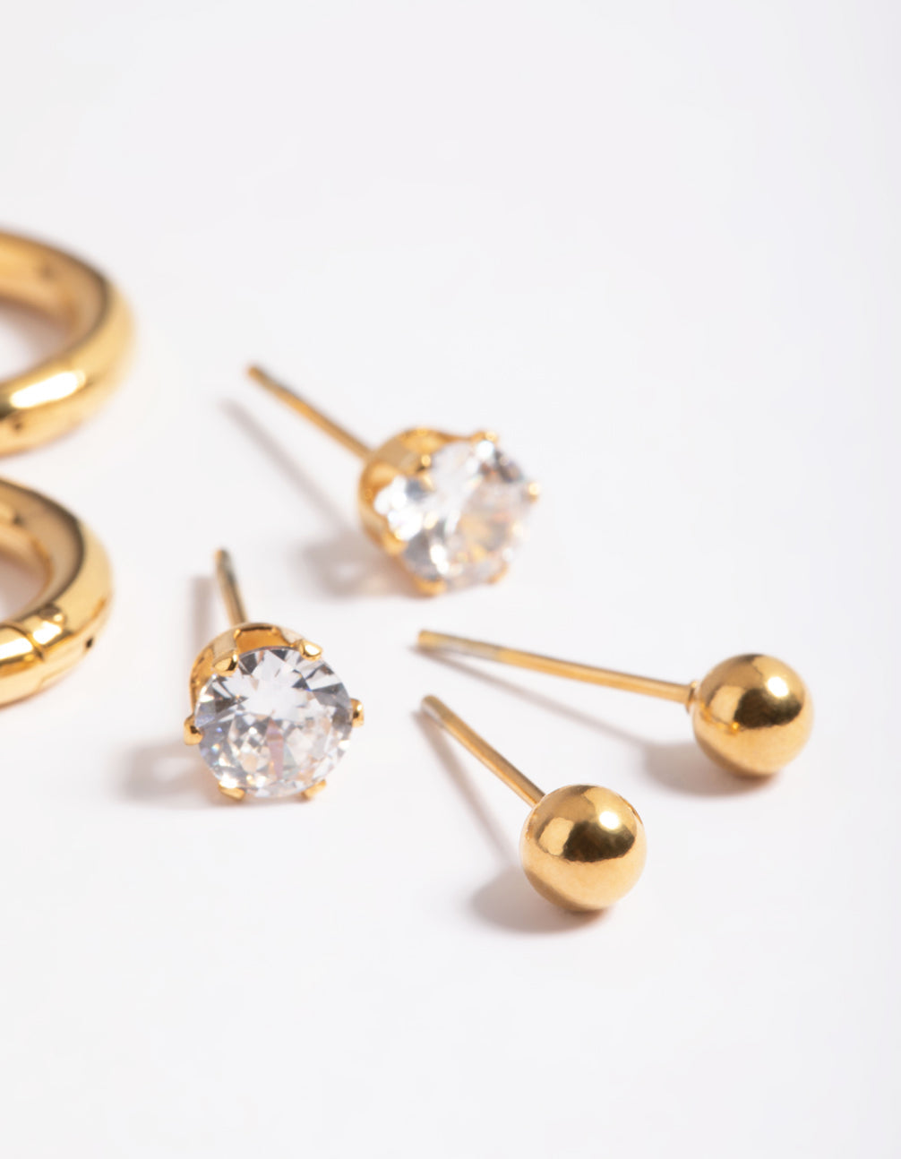 Waterproof Gold Plated Stainless Steel Cubic Zirconia Stud & Huggie Earring Pack