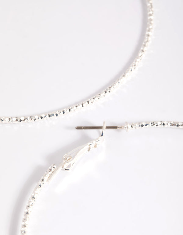 Silver 70mm Facet Textured Hoop Earrings