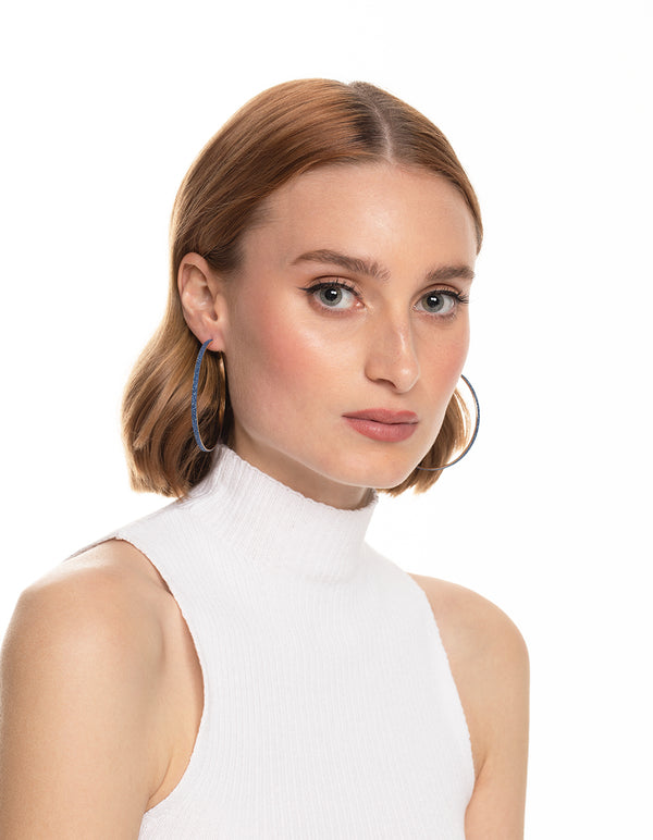 Blue Narrow Glitter Hoop Earrings