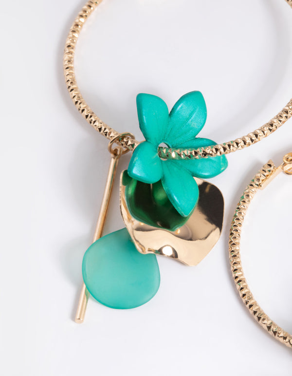 Gold Disc & Flower Cluster Hoop Earrings