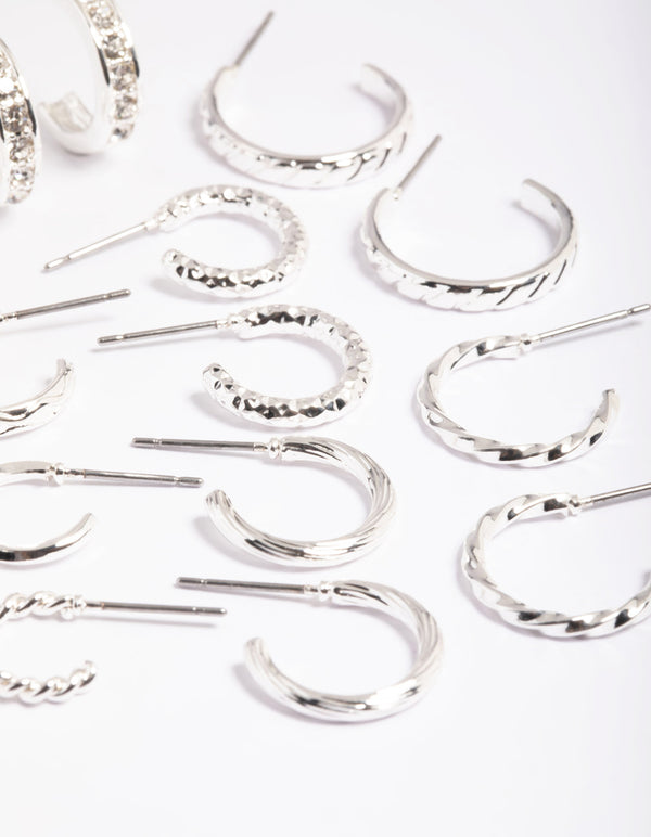 Silver Mixed Diamante Hoop Earrings 8-Pack