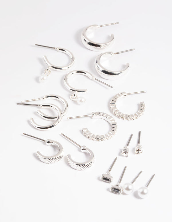 Silver Basic Stud & Hoop Earrings 8-Pack