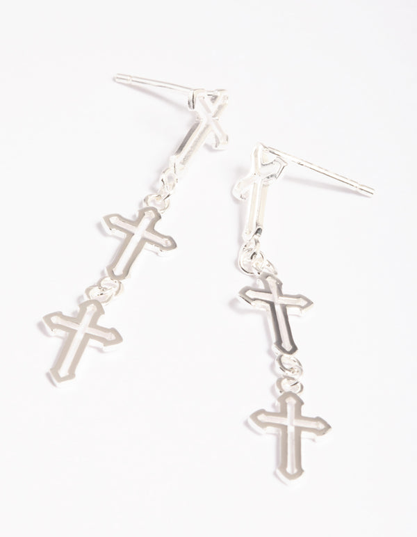 Gold Plated Sterling Silver Triple Cross Drop Earrings