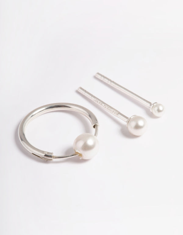 Sterling Silver Faux Pearl Curve Earrings Pack