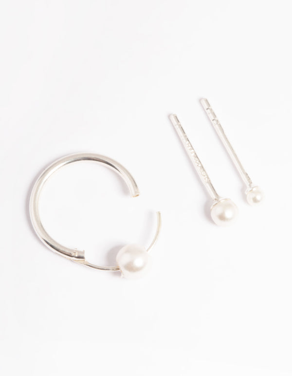 Sterling Silver Faux Pearl Curve Earrings Pack
