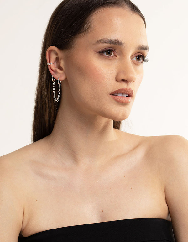 Silver Plated Cubic Zirconia Huggie Chain Earrings 6-Pack