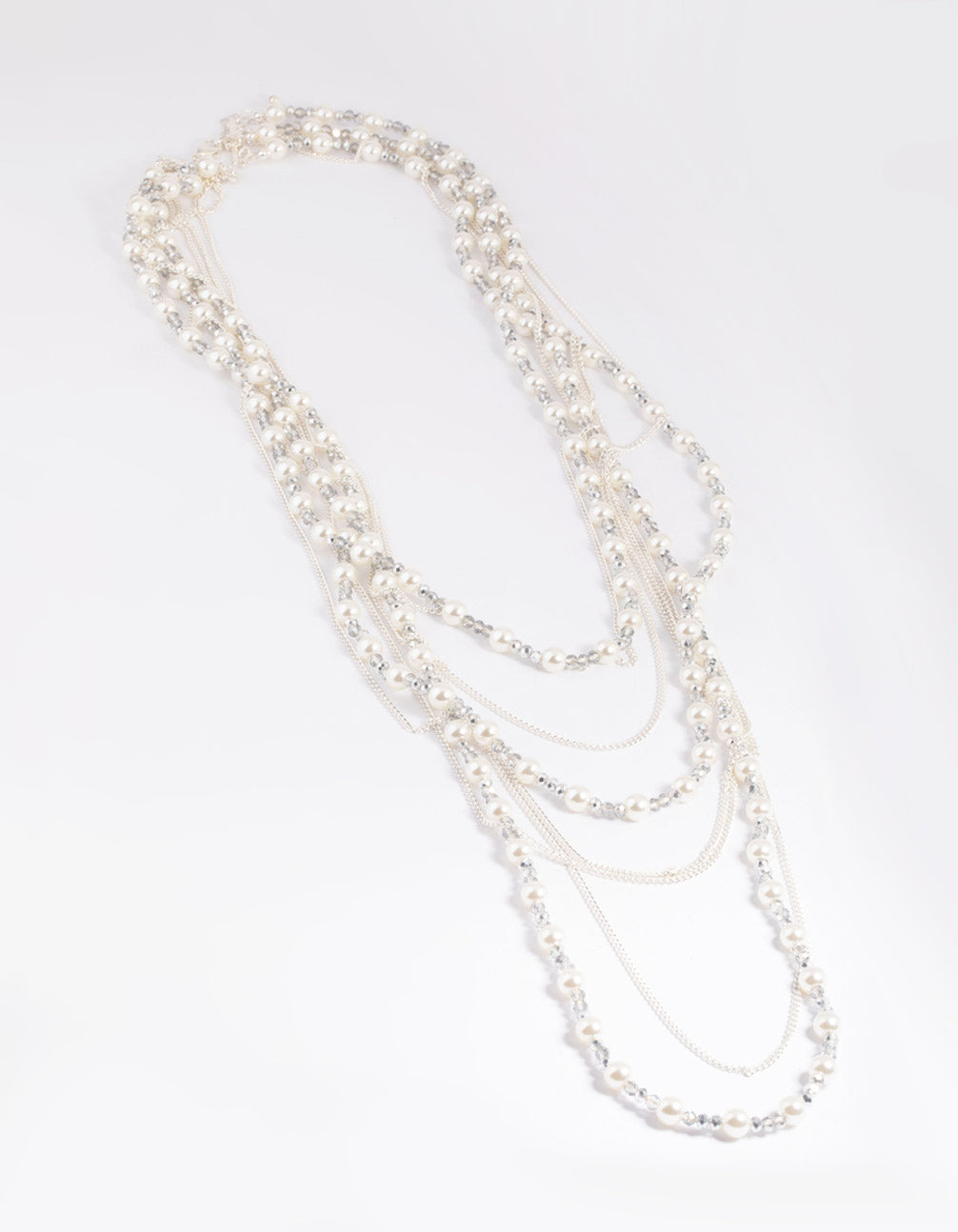 Silver Bead & Facet Multi-Row Long Necklace