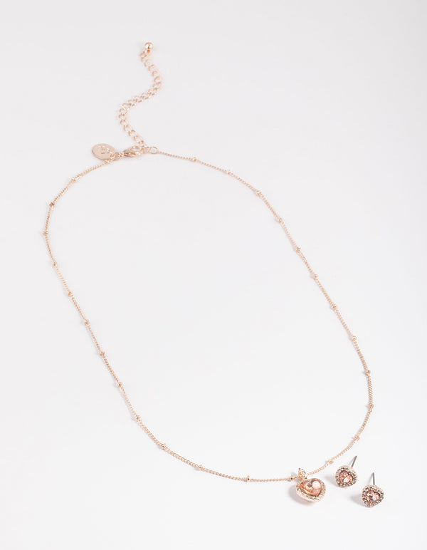 Rose Gold Heart Halo Ball Necklace & Earring Set