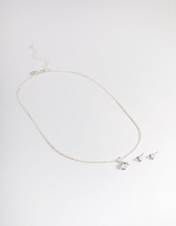 Silver Plated Cubic Zirconia Necklace & Stud Earrings Set