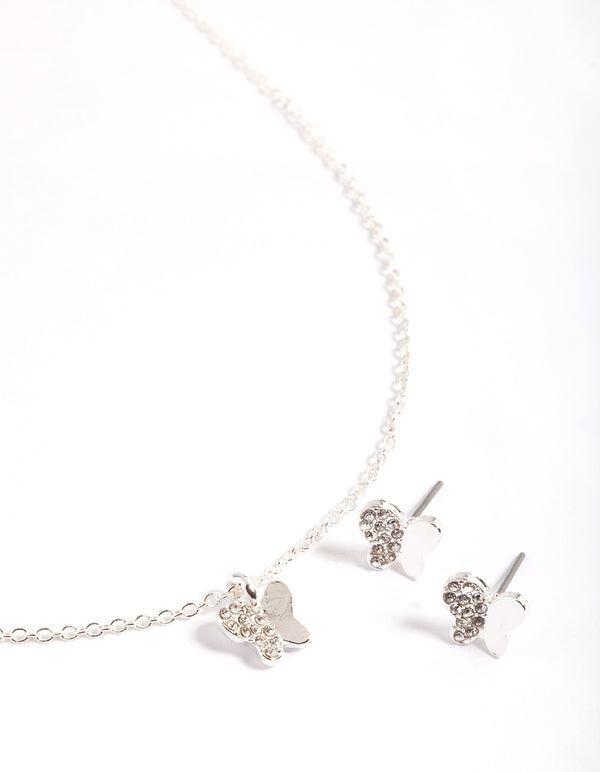 Silver Plated Diamante Butterfly Necklace & Stud Earrings Set