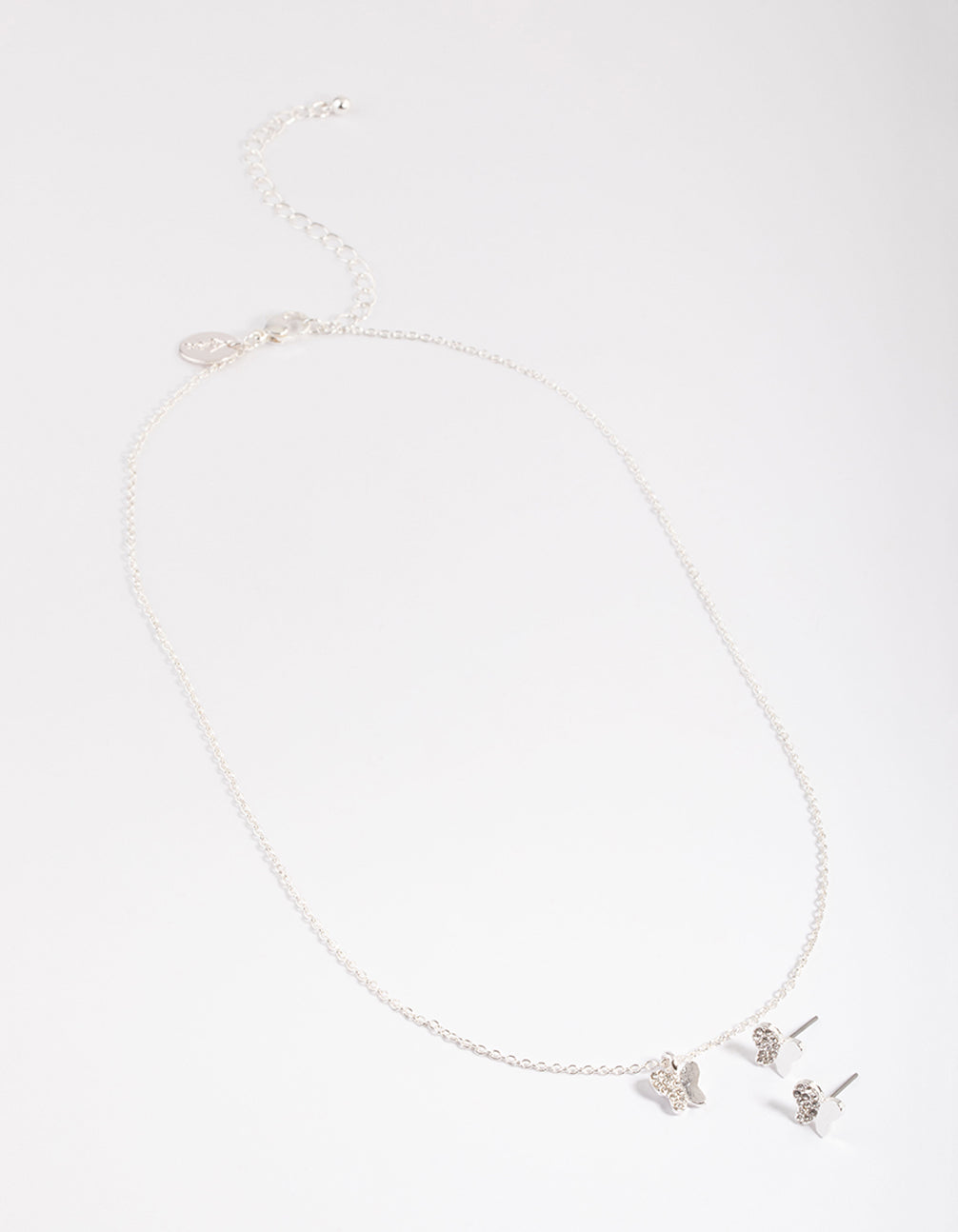 Silver Plated Diamante Butterfly Necklace & Stud Earrings Set