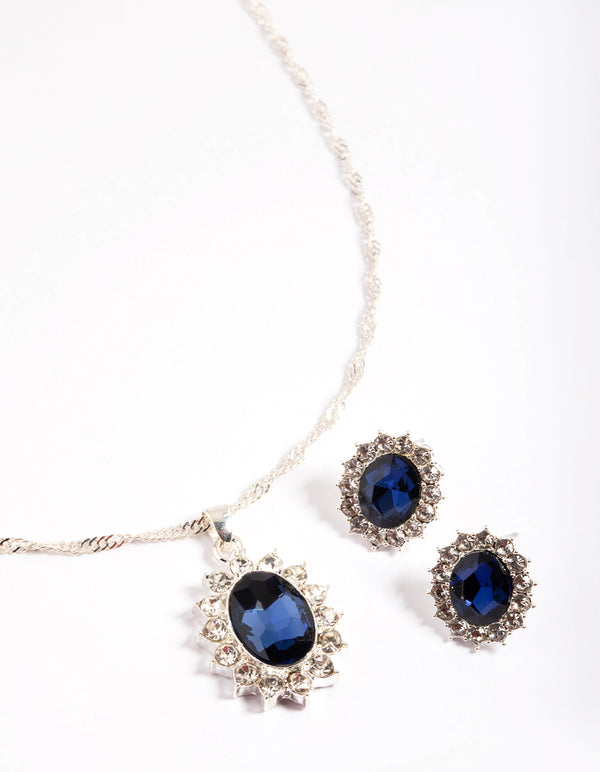 Silver Diana Halo Necklace & Stud Earrings Set