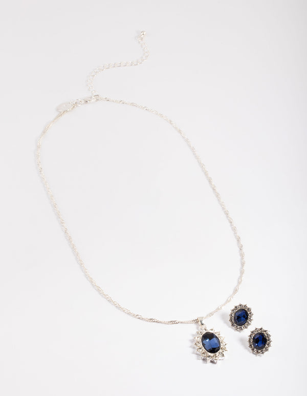 Silver Diana Halo Necklace & Stud Earrings Set