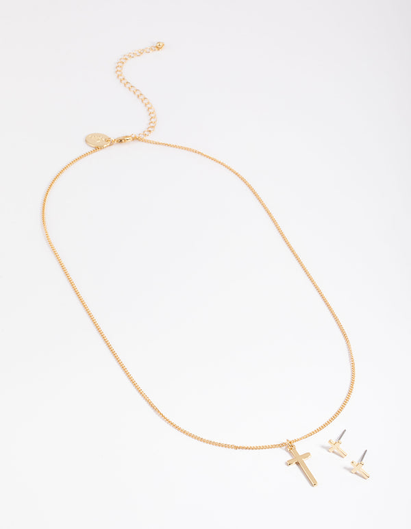 Gold Plated Cross Necklace & Stud Earrings