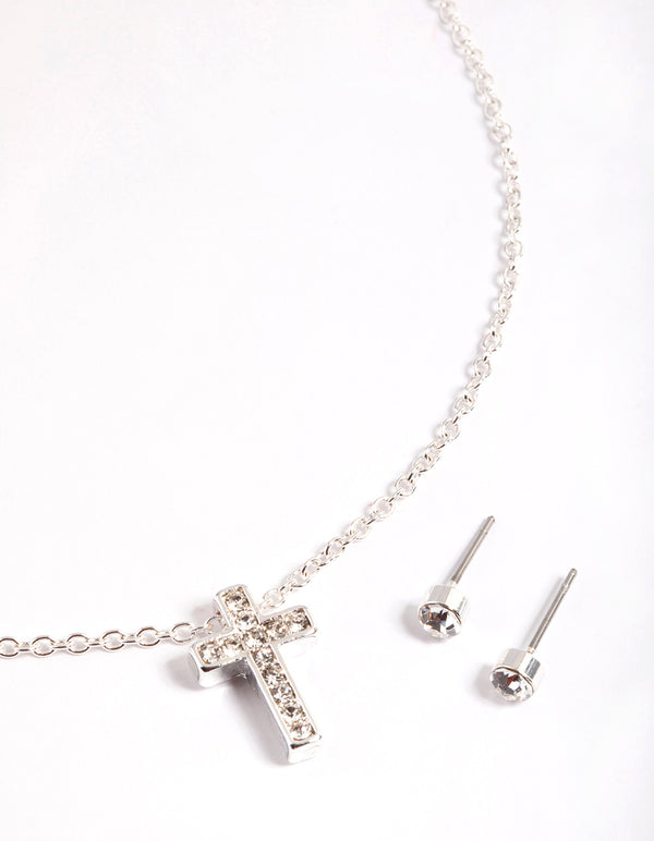 Silver Diamante Cross Necklace & Stud Earrings Set