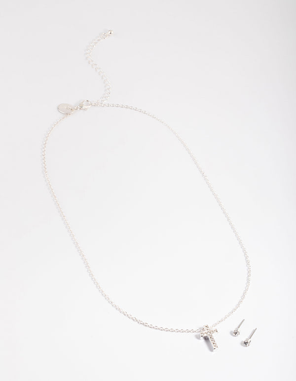 Silver Diamante Cross Necklace & Stud Earrings Set