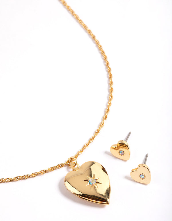 Gold Plated Heart Locket Necklace & Stud Earrings Set