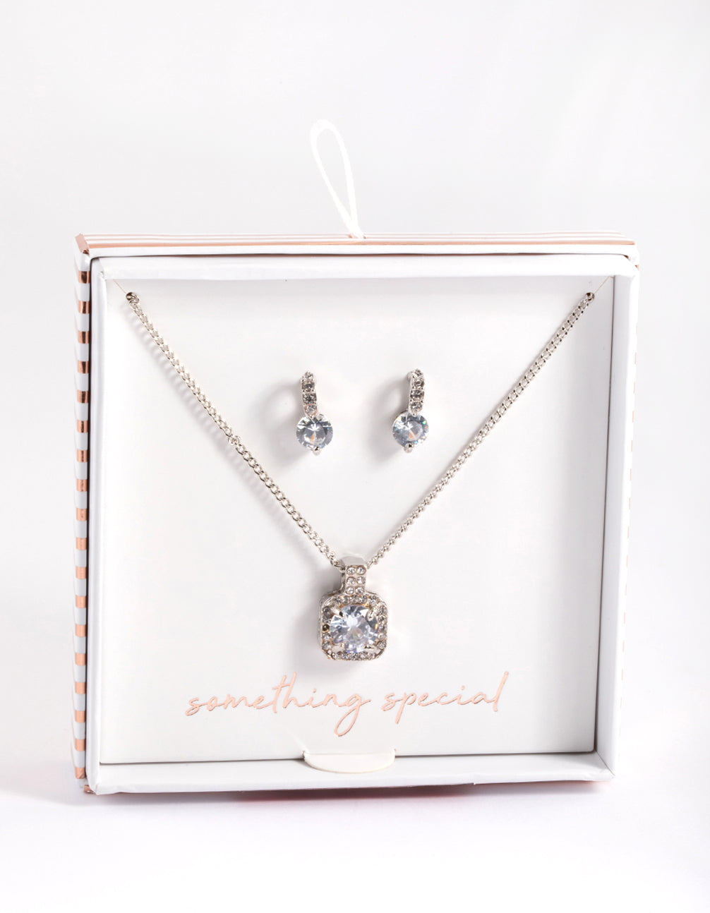 Silver Square Halo Necklace & Stud Earrings Set