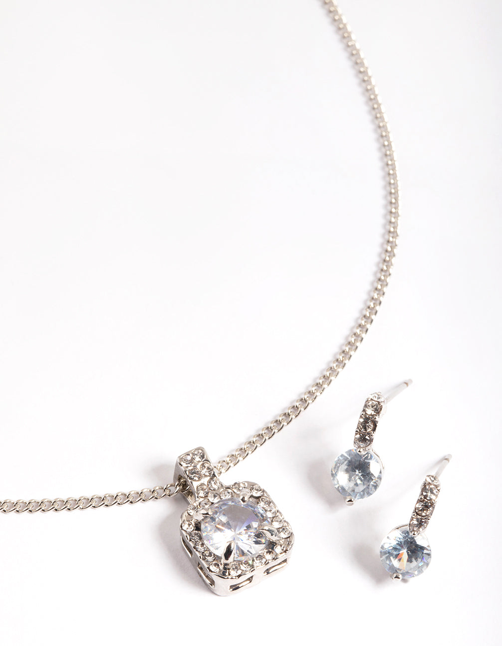 Silver Square Halo Necklace & Stud Earrings Set