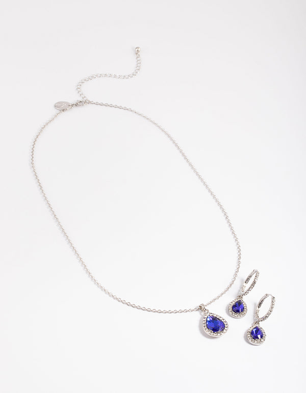 Silver Oval Halo Necklace & Huggie Earrings Set