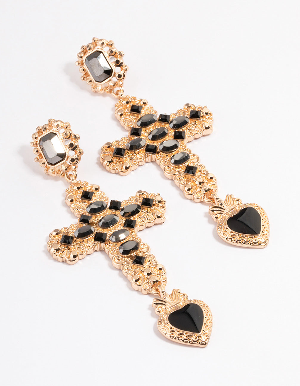 Gold Stone Cross Drop Heart Earrings