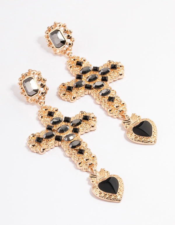 Gold Stone Cross Drop Heart Earrings