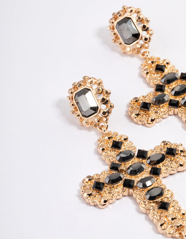 Gold Stone Cross Drop Heart Earrings