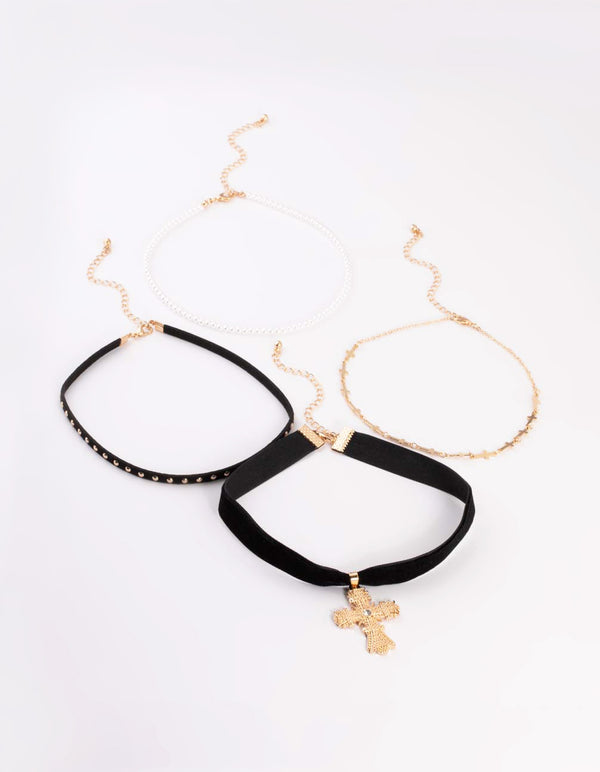 Gold Multi Cross Pearl Choker
