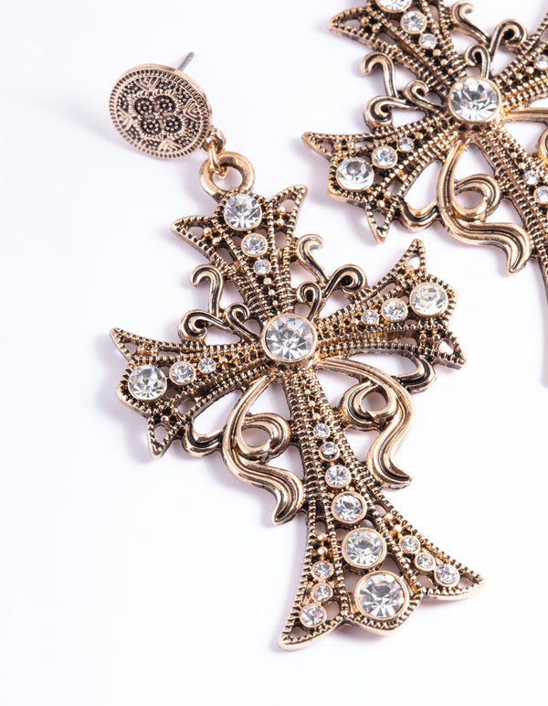 Diamante Cross Drop Earrings