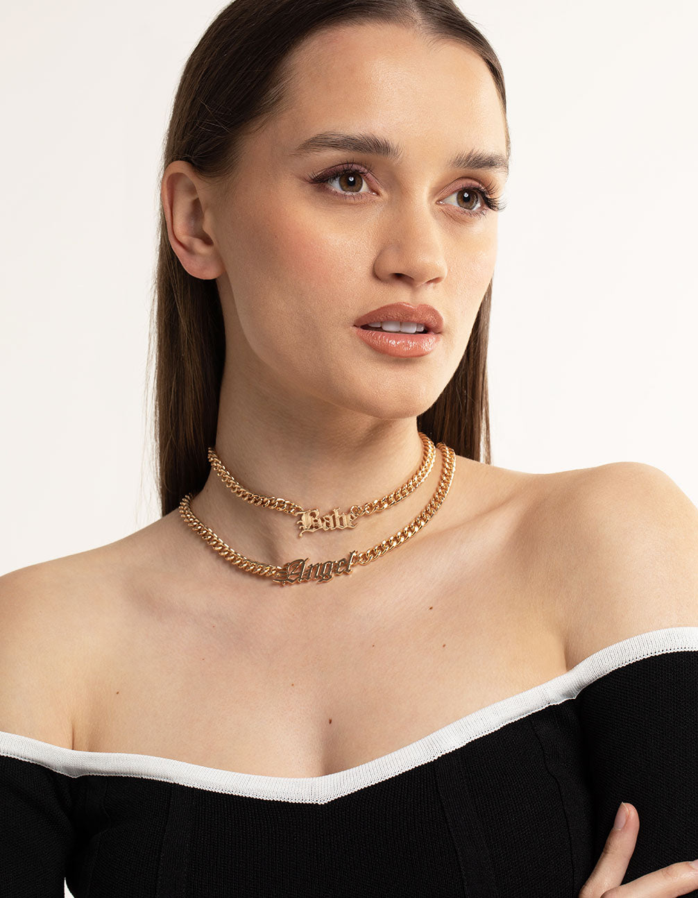 Gold Double Row Babe & Angel Necklace