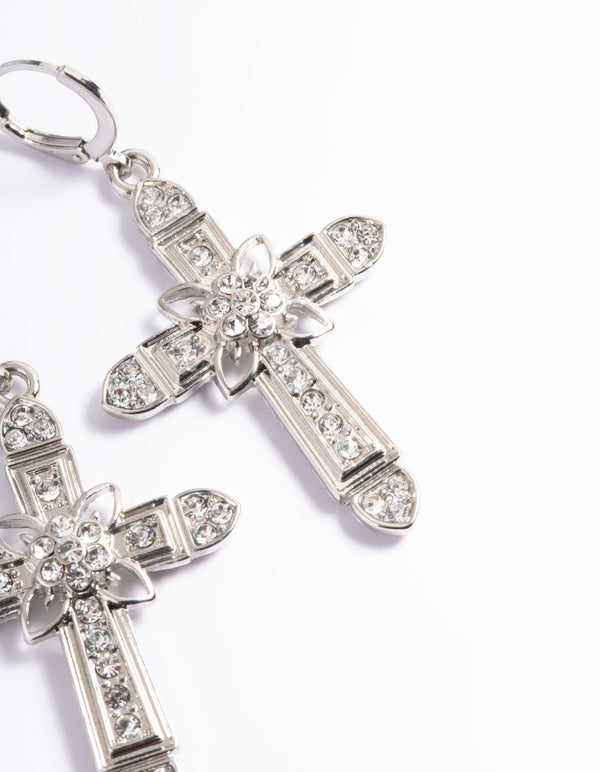 Rhodium Diamante Cross Huggie Earrings