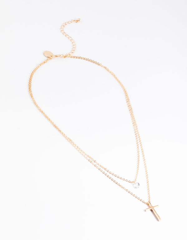Gold Cubic Zirconia Multi Row Cross Necklace