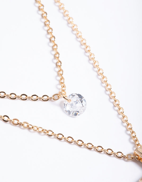 Gold Cubic Zirconia Multi Row Cross Necklace