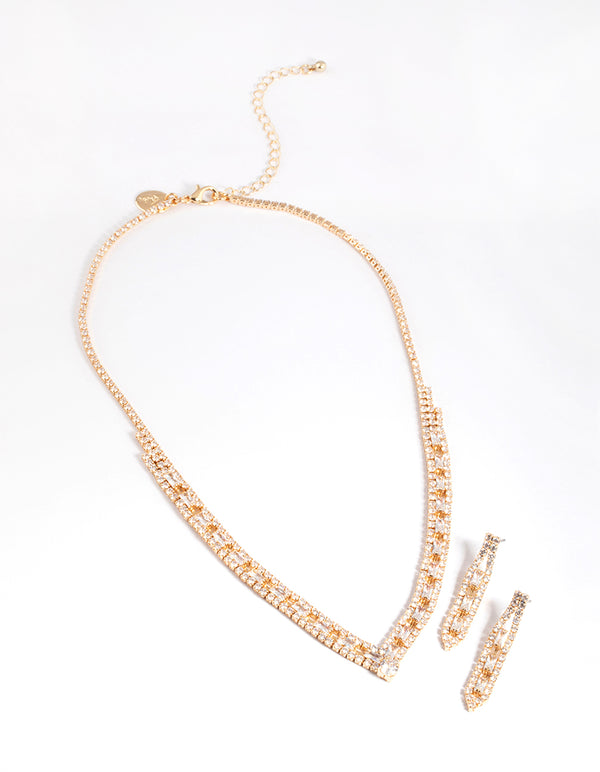 Gold Cubic Zirconia Statement Pendant Earring & Necklace