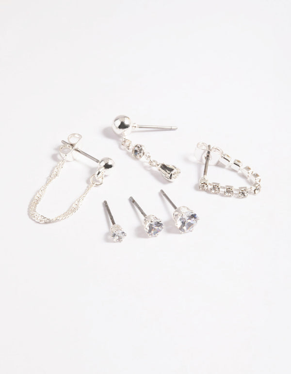 Silver Front & Back Stud Earrings 6-Pack