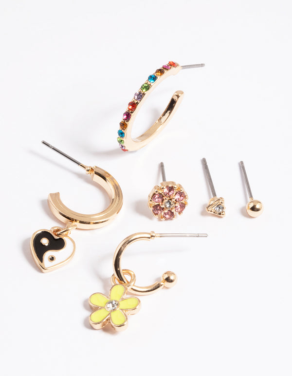 Gold 90s Enamel Rainbow Earrings 6-Pack