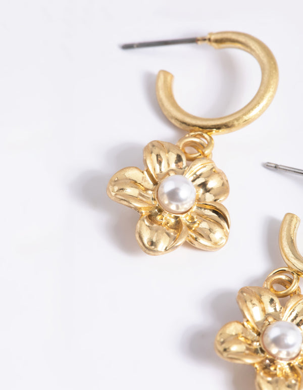 Worn Flower Pearl Mini Hoop Earrings