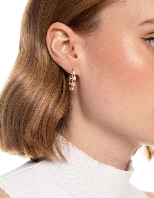 Worn Gold Mini Pearl Hoop Earrings