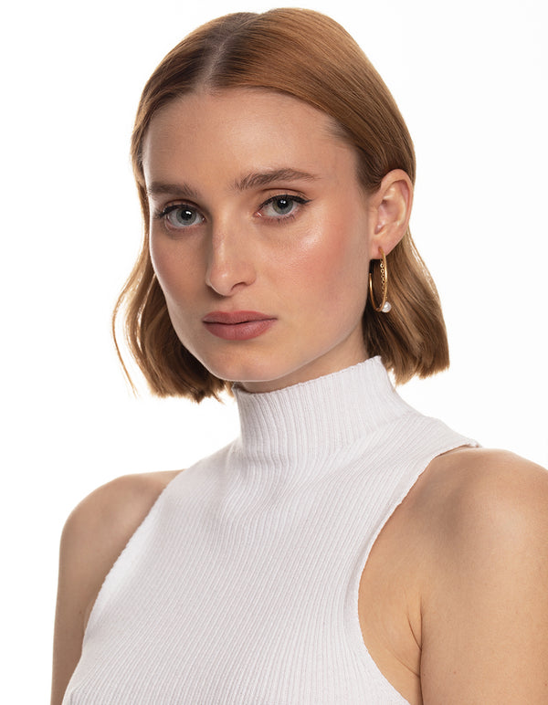 Worn Gold Freshwater Pearl Chain Hoop Earrings