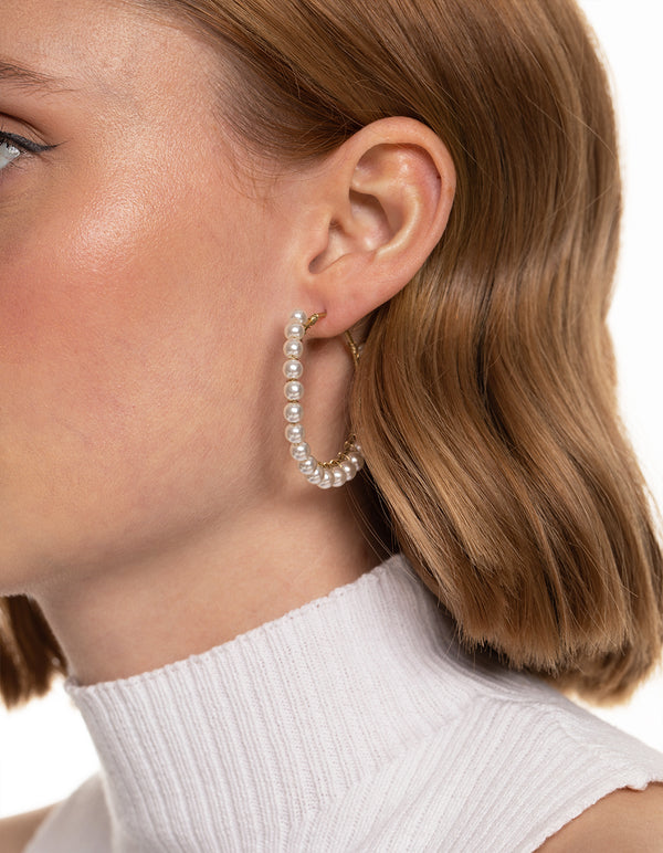 Worn Gold Pearl Fine Medium Hoop Earrings